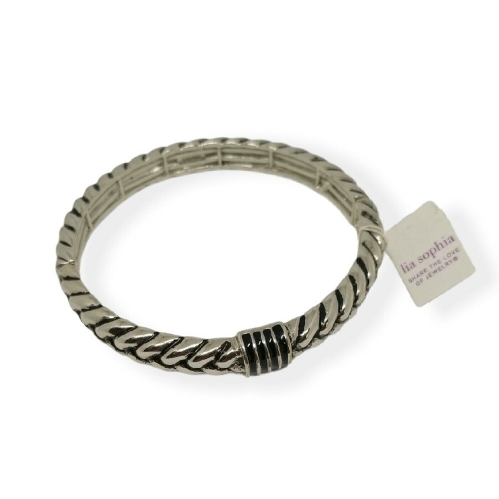 Lia Sophia Ravel Bracelet Silver Tone Braid Stretch Bangle Signed With Tags